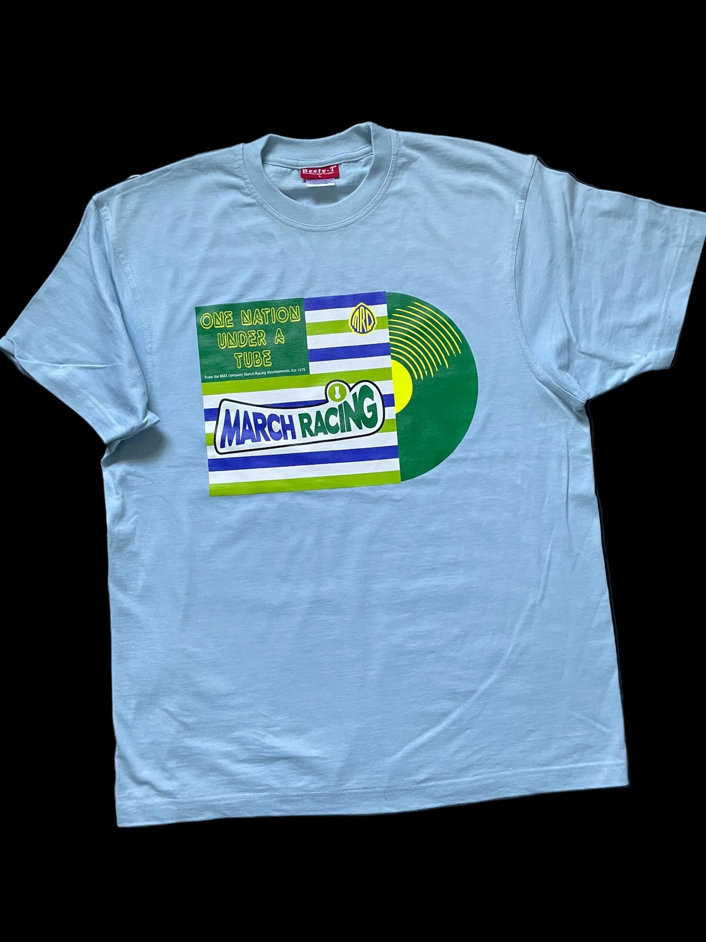 Sky blue MRD One Nation Under a Tube short-sleeve T-shirt with four-colour chest graphic.