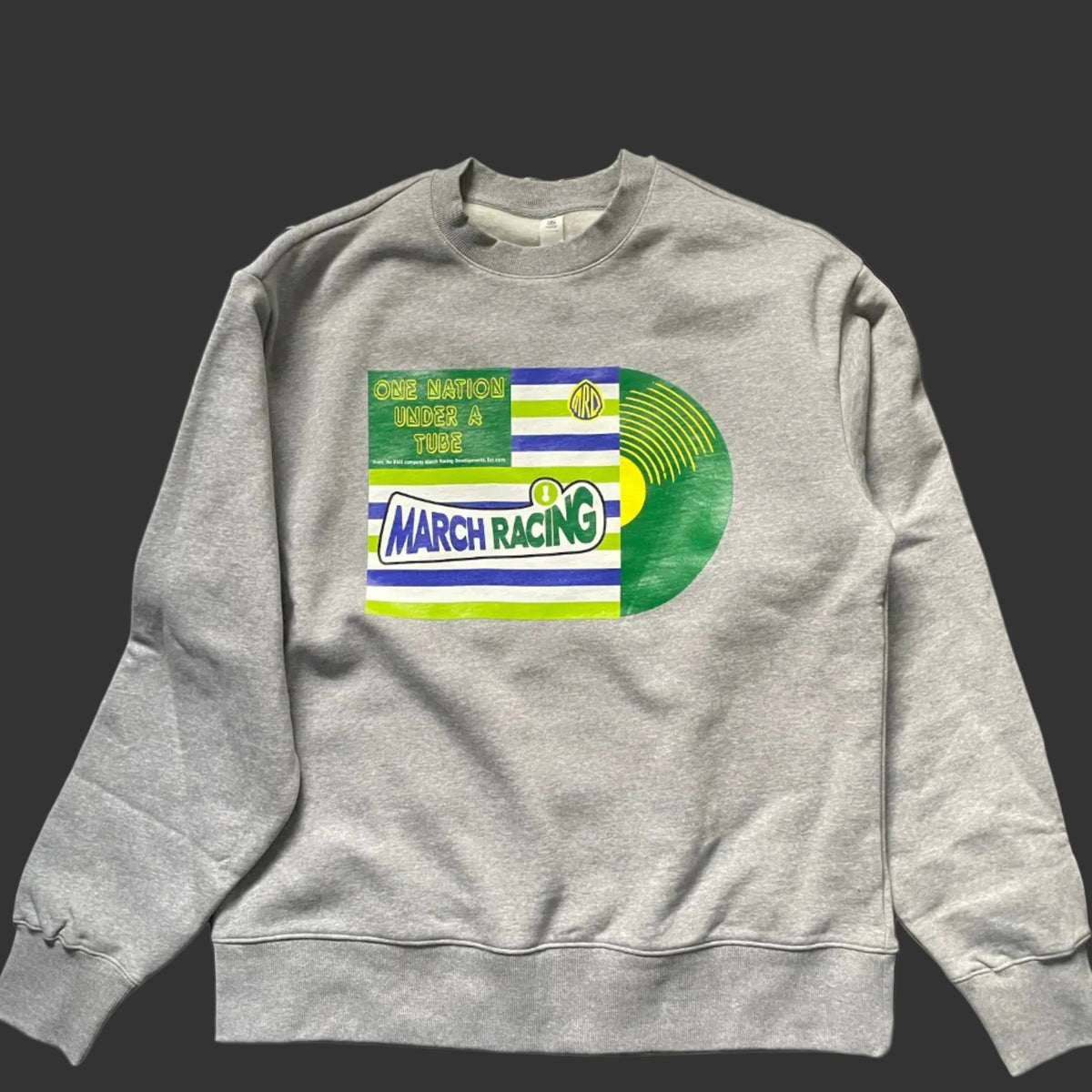 A fantastic 4 colour extravaganza of a print on a gorgeous College grey sweatshirt celebrating MRD's commitment to making bicycles from metal tubing.