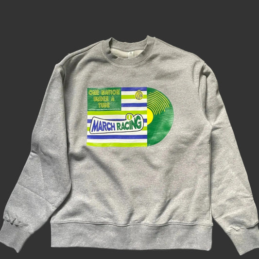A fantastic 4 colour extravaganza of a print on a gorgeous College grey sweatshirt celebrating MRD's commitment to making bicycles from metal tubing.