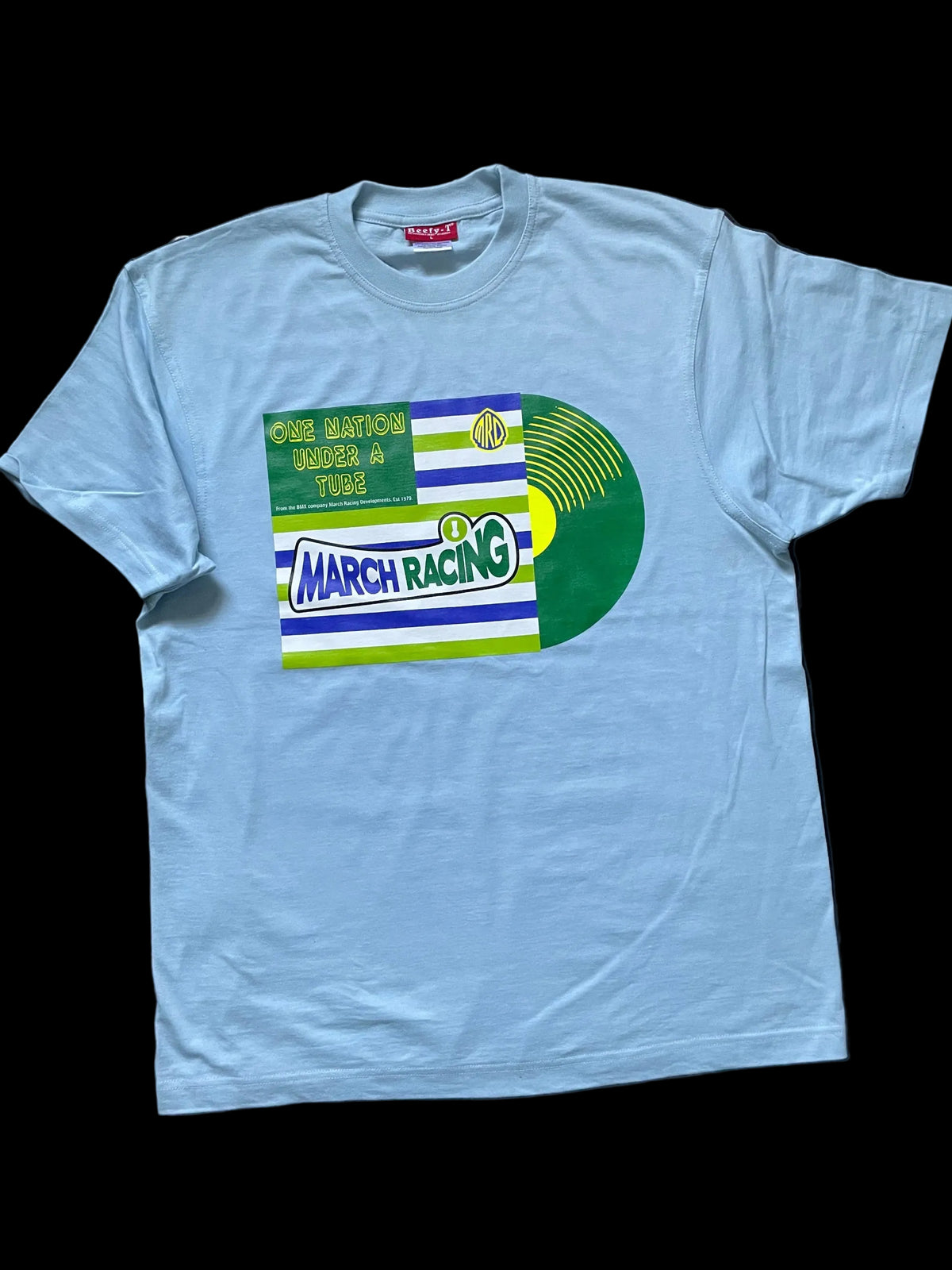 Sky blue MRD One Nation Under a Tube short-sleeve T-shirt with four-colour chest graphic.