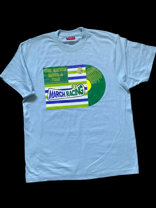 Sky blue MRD One Nation Under a Tube short-sleeve T-shirt with four-colour chest graphic.